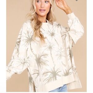 Z Supply > Cream Oversized Crew Neck Palm Tree Print Sweatshirt Extra Small